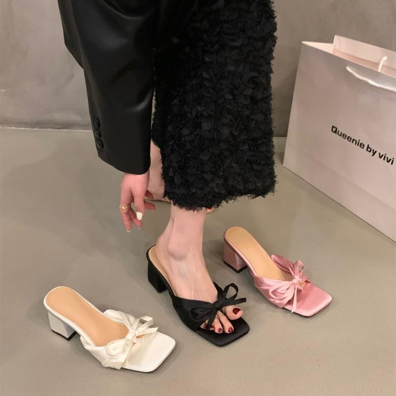 Французские тапочки «Вечерний бриз», туфельки феи, новинка лета 2025, темпераментные розовые босоножки с бантом, босоножки на высоком каблуке