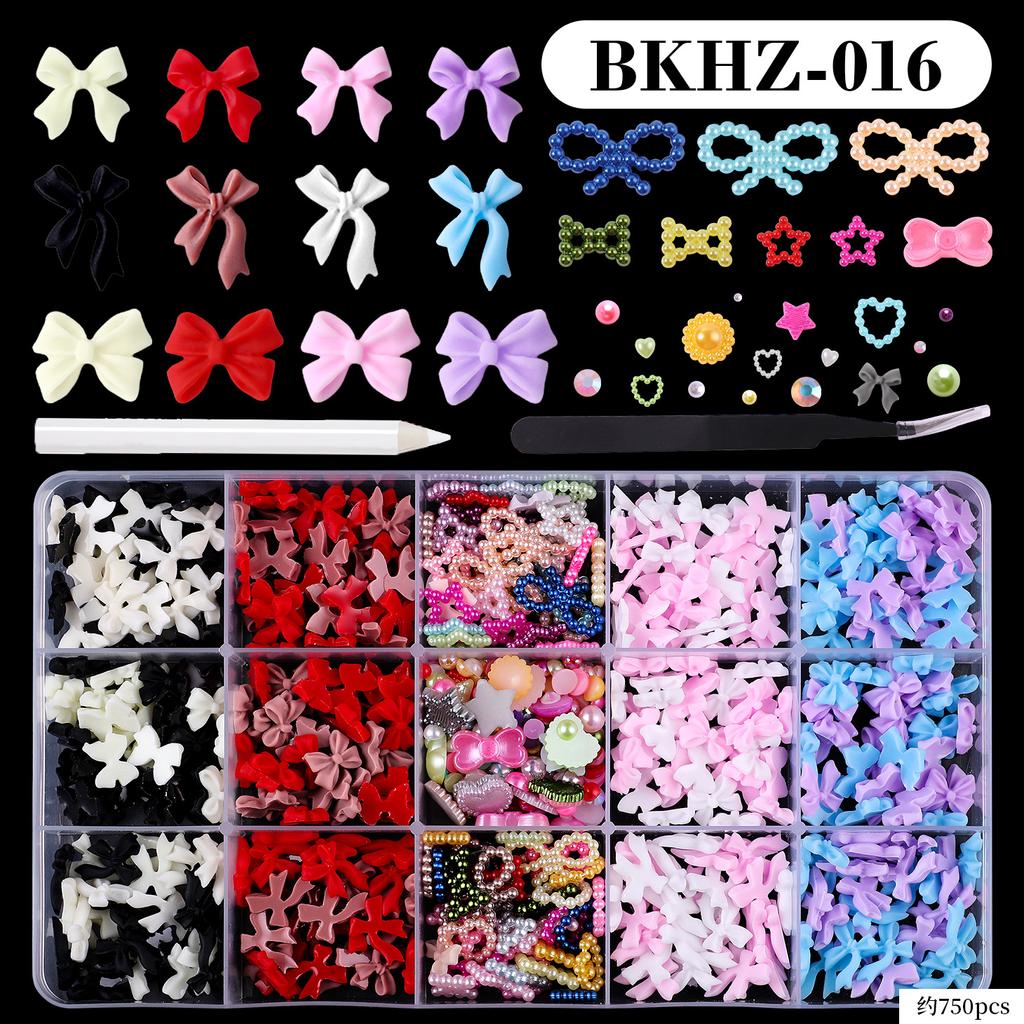 15Grids/box Mixed Resin Bowknot Nail Art Decorations 3D Acrylic Charms Kawaii Colorful Bow Rhinestone DIY Manicure Tools Parts
