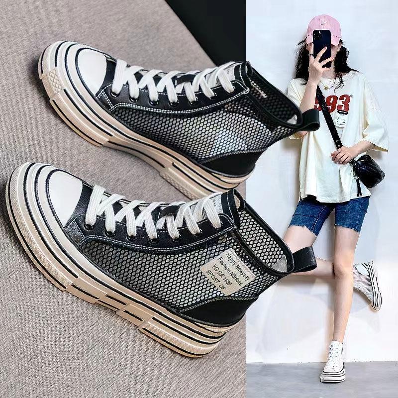 Короткие женские ботинки 2024 года, летние дышащие полые одинарные ботинки, сетчатые кроссовки, женская подошва, нескользящая платформа, обувь для женщин