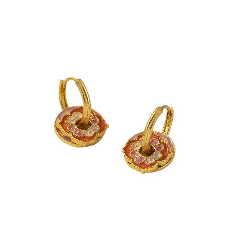 Vintage Enamel Earrings Women Geometric Circle Studs Detachable Ethnic Style Lightweight Luxury Jewelry