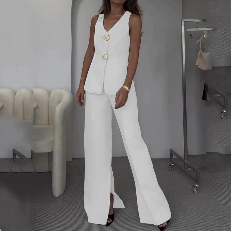 2024 Elegant Solid Color V-neck Sleeveless Vest & High-waisted Wide-leg Pants Set for Women
