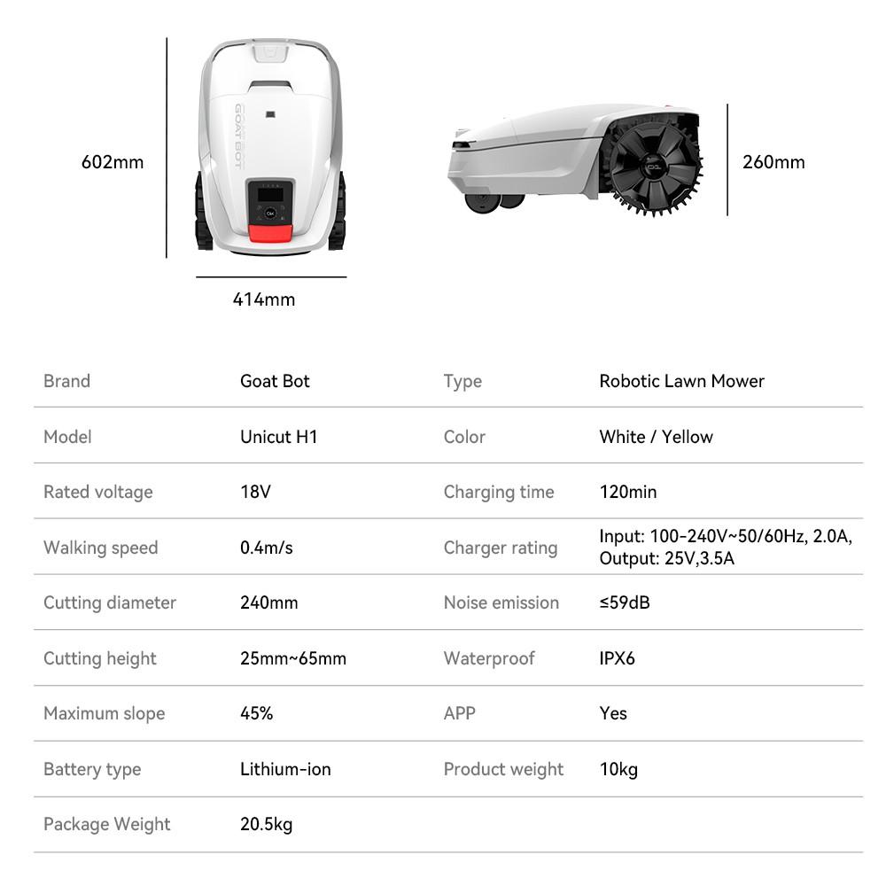 Роботизированная газонокосилка Goat Bot Unicut H1, большая площадь покрытия 1500 м², RTK+VSLAM для точного картографирования, ширина кошения 24 см