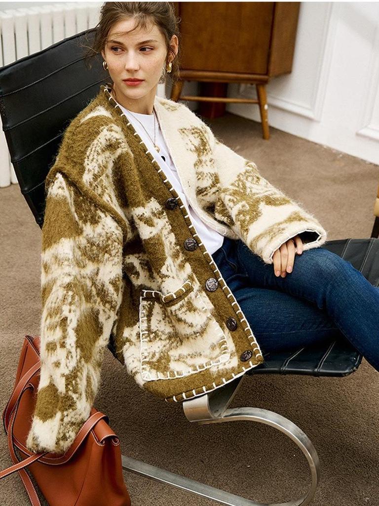 Australian Retro Totem Ethnic Style Knitted Cardigan - Autumn/Winter High-End Mid-Length Loose Coat