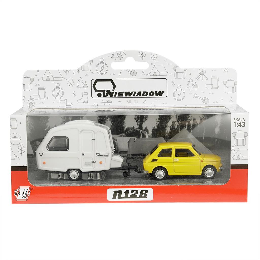 Model 1:43 Zestaw Fiat 126p + przyczepa Niewiadów Kemping, żółty