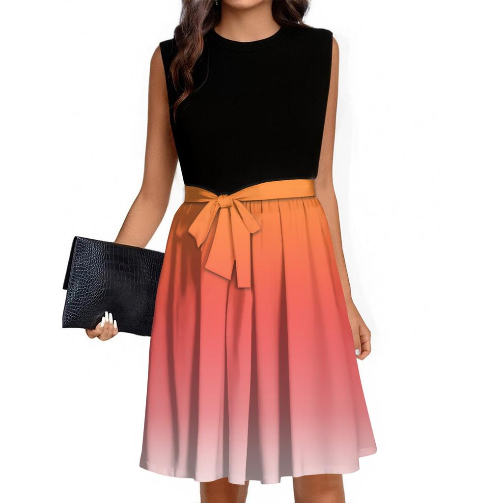 Women's Fashion Casual Lace-up Sleeveless Round Neck Splicing Short Dress