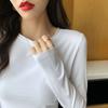 Белая футболка с длинными рукавами для женщин, весна и осень, женская, новая модная студенческая футболка из чистого хлопка, однотонная, с загнутыми краями, верхняя часть