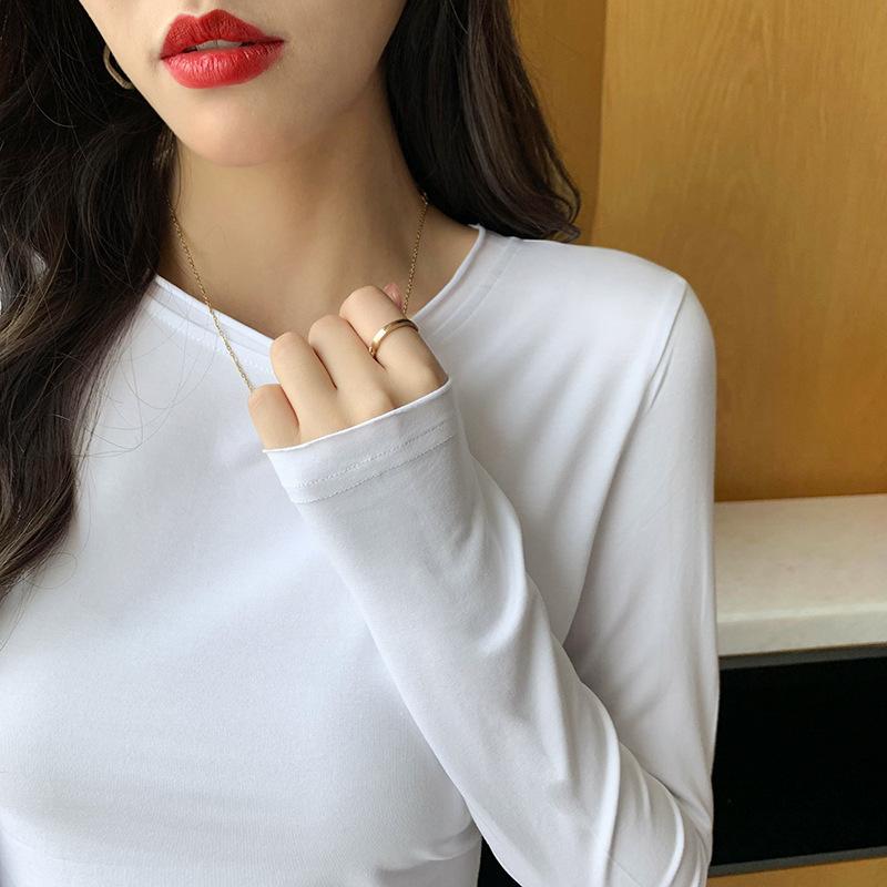 Белая футболка с длинными рукавами для женщин, весна и осень, женская, новая модная студенческая футболка из чистого хлопка, однотонная, с загнутыми краями, верхняя часть