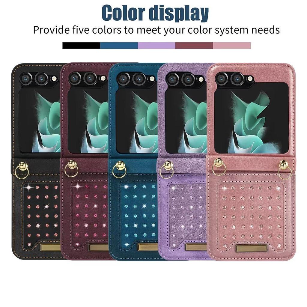Galaxy Z Flip 5 Case 360 Full Protection Crossbody Case for Samsung Galaxy Z Flip 5/4/3 Diamond Leather Wallet Lanyard Case Stand Shockproof Cover