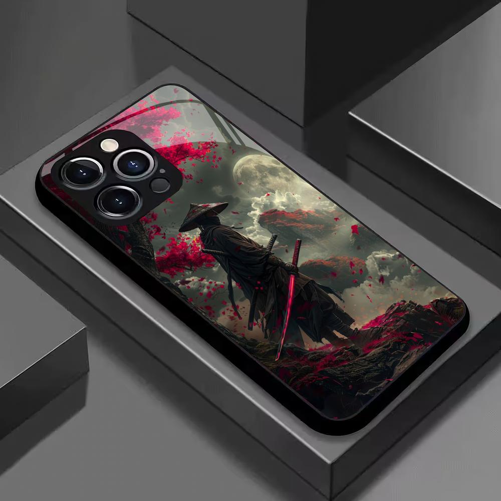 Закаленное стекло для телефона с рисунком «Воин Сакуры» подходит для iPhone 17 16 15 14 13 12 11 Pro/Max/Plus противоударная задняя крышка