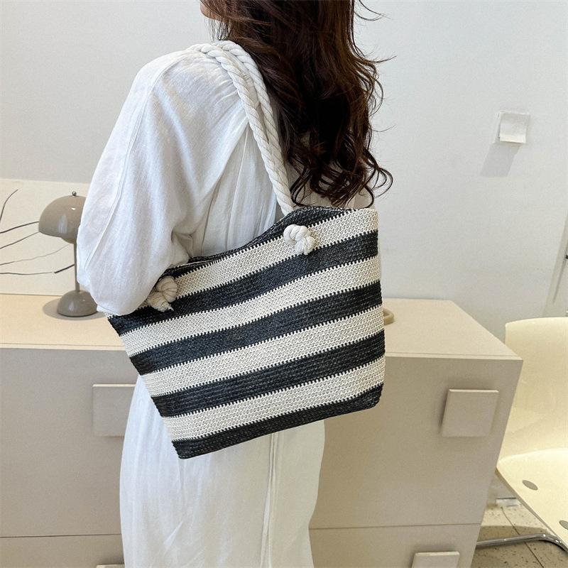 Yogodlns Женская тканая пляжная сумка большой емкости, полосатые сумки на молнии, соломенная сумка в стиле ретро, женская летняя повседневная сумка