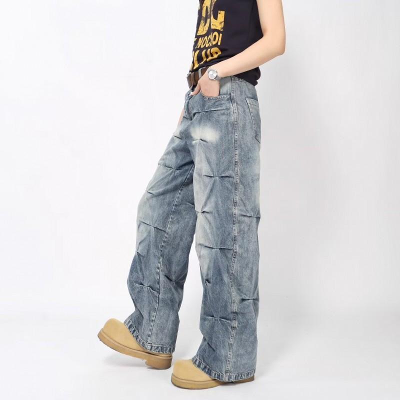 Mens Distressed Washed Wide Leg Denim Jeans Vintage Style Loose Fit Fall Casual Pants