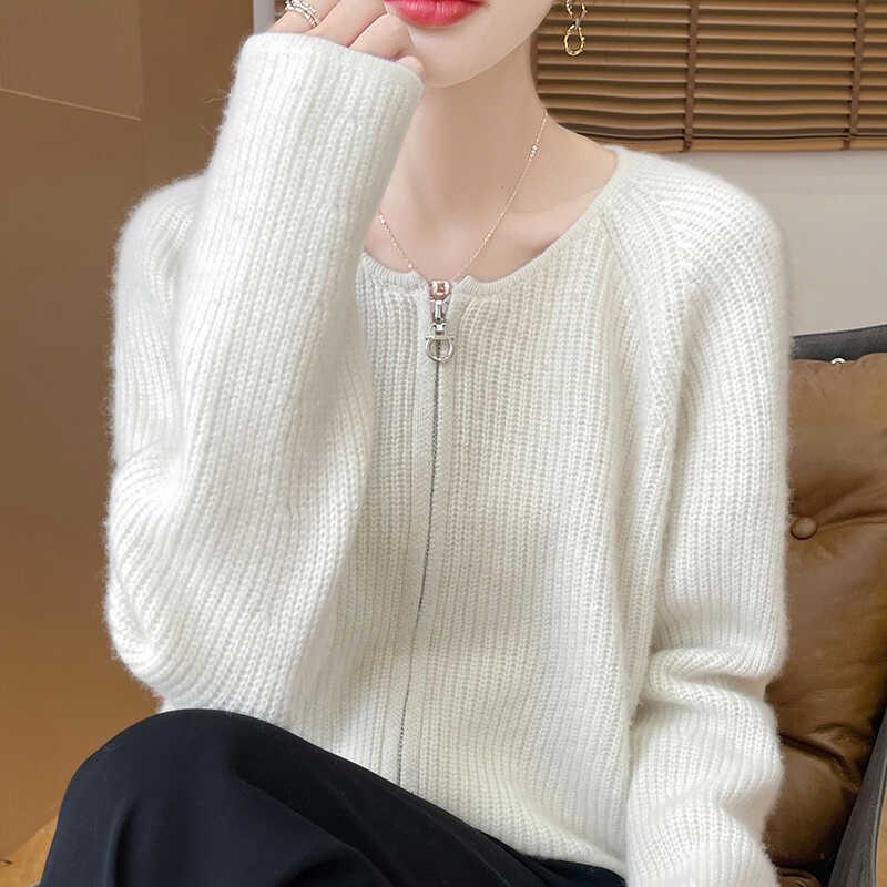 Women's Double Zipper Wool Cardigan - Silk-Cashmere Blend, Long-Sleeved, with Pockets