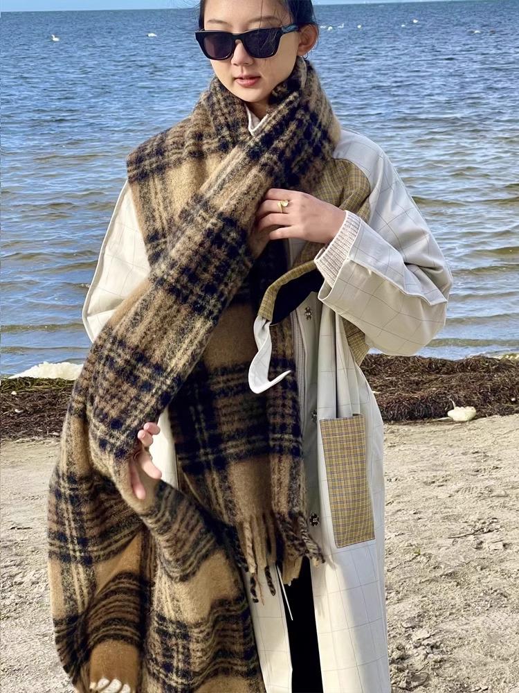 Женский зимний клетчатый шарф в корейском стиле - элегантная шаль с кисточками, толстая и теплая для студентов