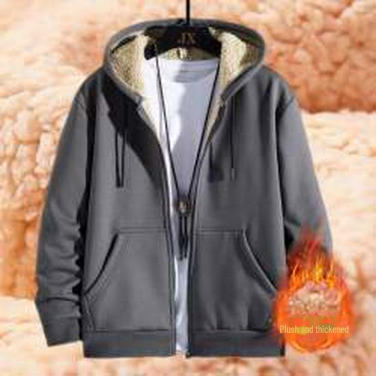 Мужской свитер-кардиган с капюшоном из овчины — теплый, универсальный, на молнии и плотный для осени и зимы.