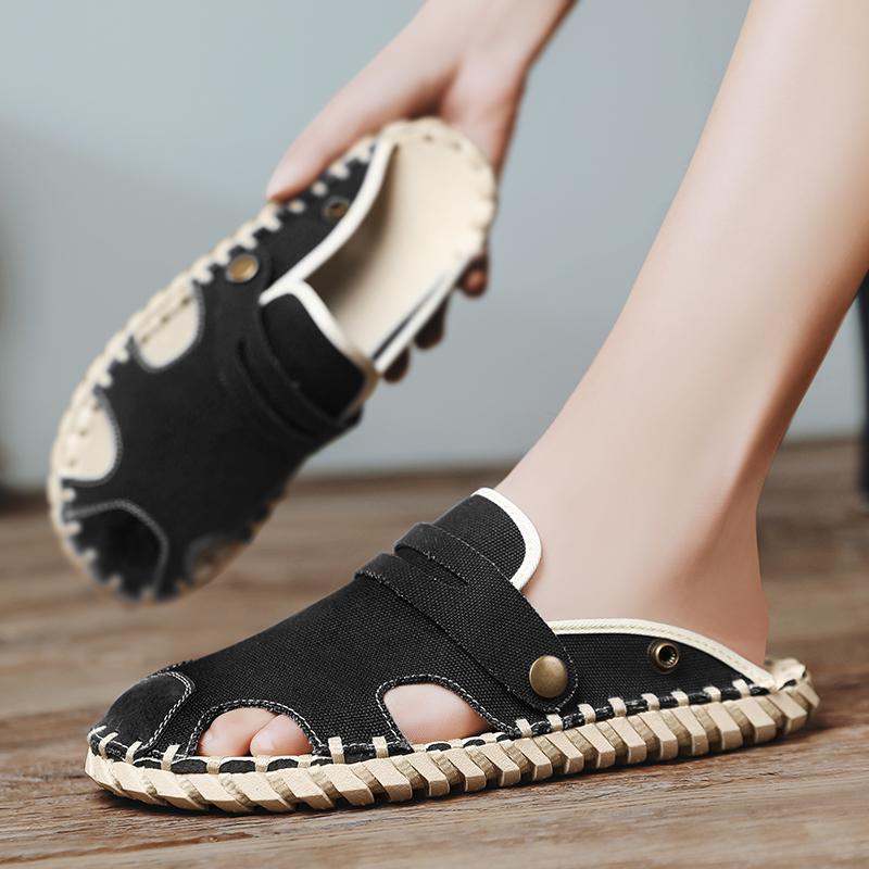 Дышащие с ручной прошивкой парусиновые повседневные тапочки Модные мужские дизайнерские стили Уличная прогулочная обувь Черная повседневная обувь лето Новые плоские