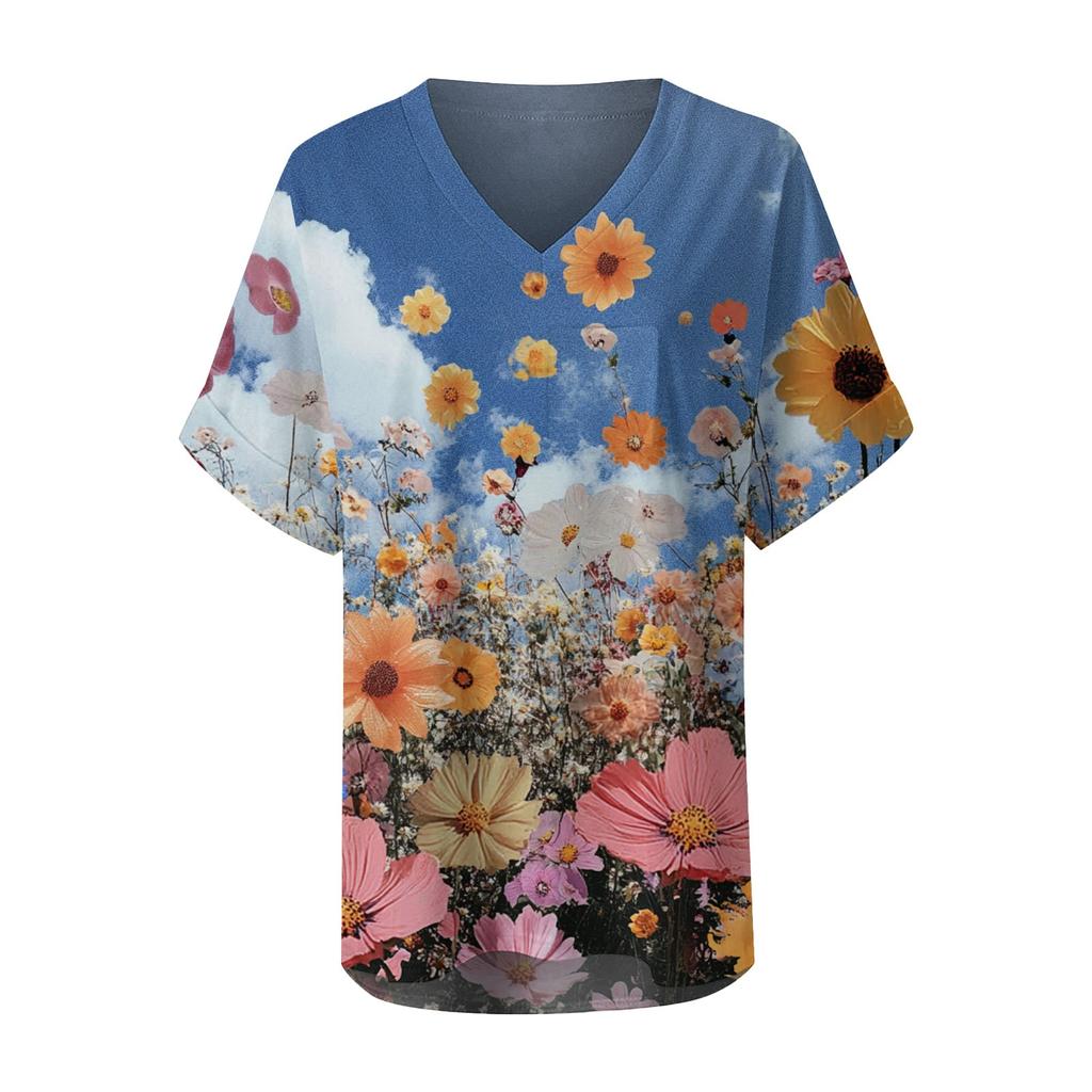 Women's Fashion Pocket V-neck Short Sleeve Plant Floral Print T-shirt Top