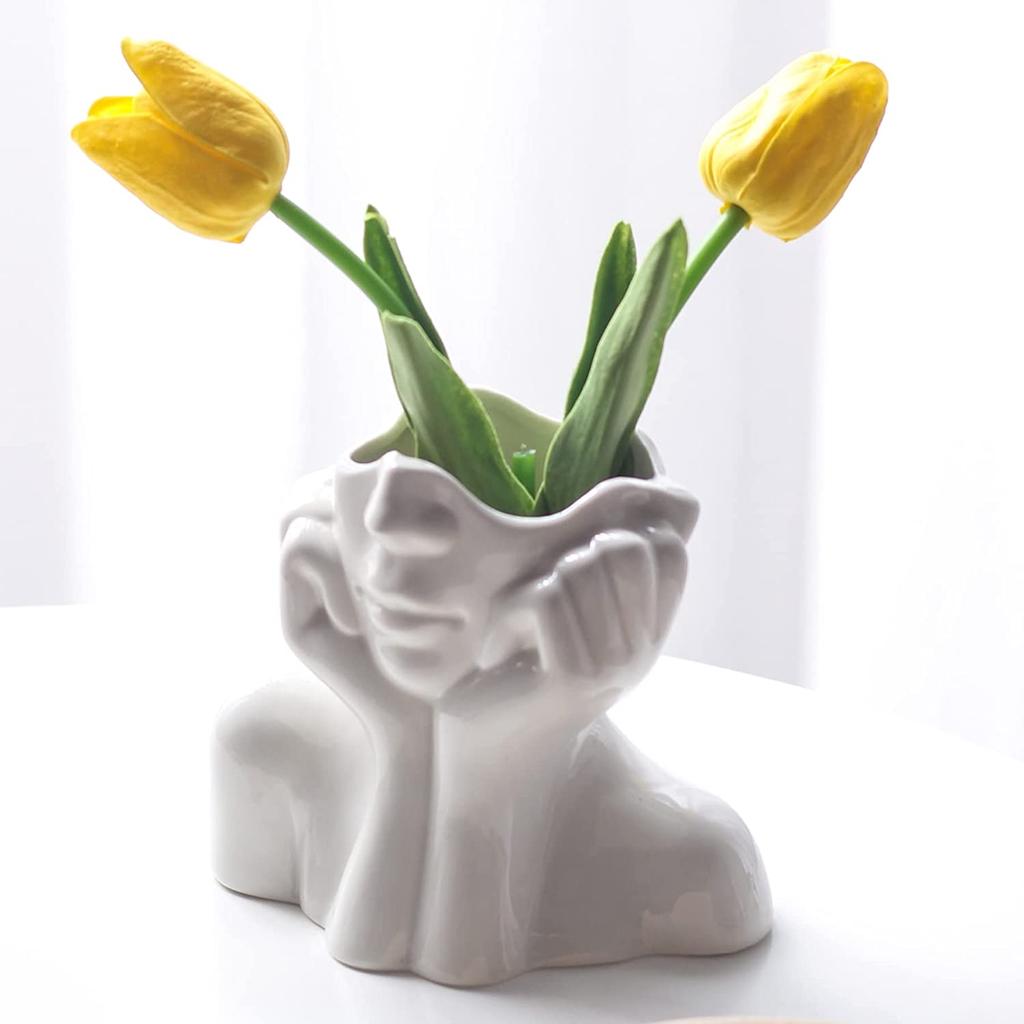 Face Vase White Girl Flower Vase for Home Decor, Modern Ceramic Figurines Vase, Sculpture Art Decorations for Living Room Centerpiece Table Wedding