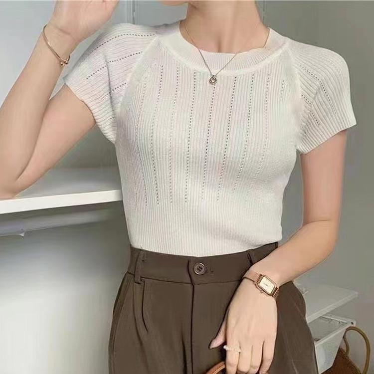 Ageing Round Neck Hollow Vertical Stripes Short-sleeved Knit Shirt Summer Simple Youth Thin Tops Women Casual Essential Slim Fit Pullovers Tees