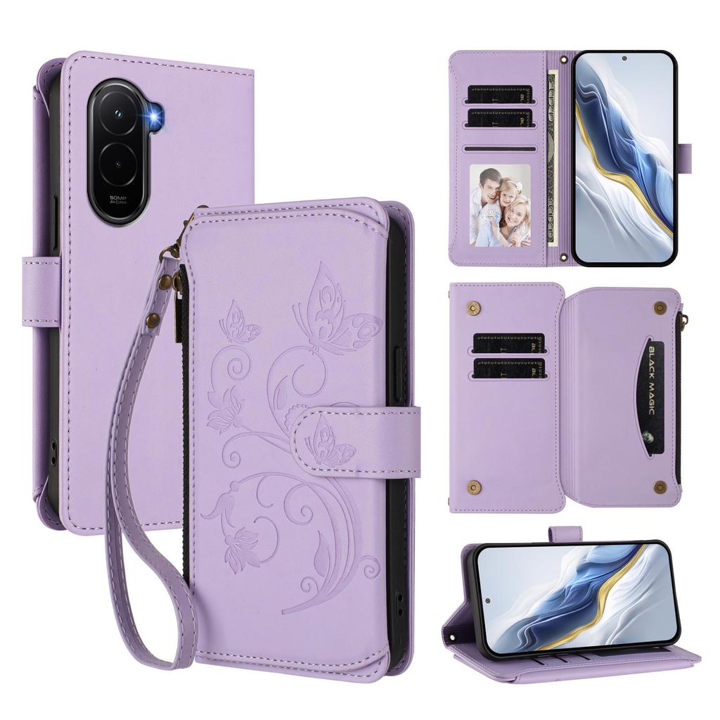 Для Xiaomi Poco M7 Plus 5G/M7 4G (169 мм) Кожаный чехол с цветочным тиснением в виде бабочки, кошелек на молнии, подставка, крышка с ремешком на запястье