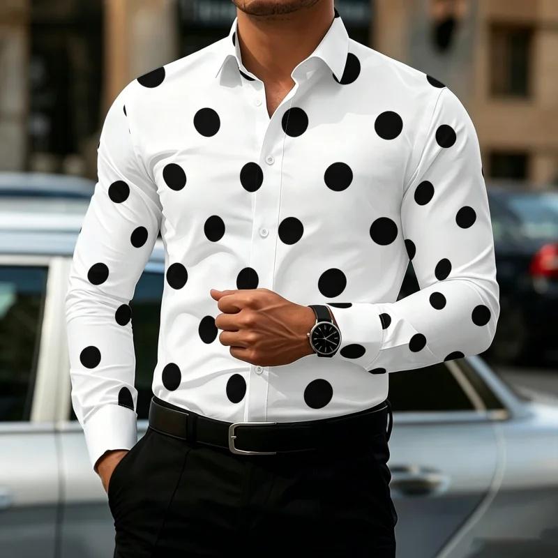 Мужская рубашка в горошек с длинным рукавом, приталенная, для стиля business casual, модный топ для активного отдыха