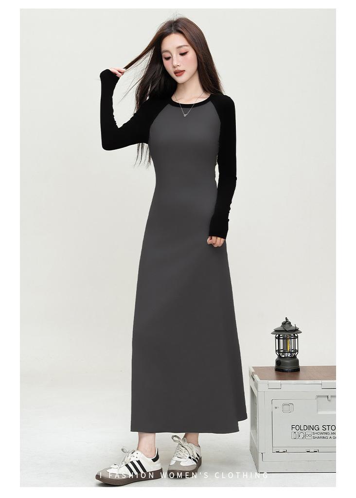 Color blocked hip dress 2025 autumn style gentle and sweet style long sleeved slim fit dress long skirt