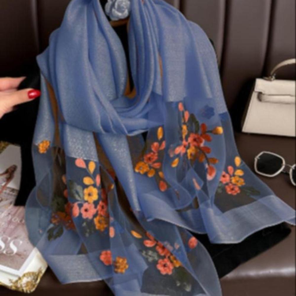 Элегантный шелковый шарф с цветочной вышивкой для женщин, стильная пляжная шаль с бисерной отделкой для защиты от солнца, богемный ветрозащитный маст-хэв
