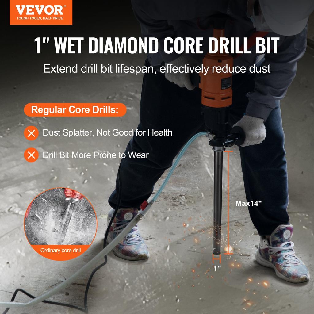 VEVOR Core Drill Bit, 1" Wet Diamond Core Drill Bits, 14" Drilling Depth Concrete Core Drill Bit, 5/8"-11 Inner Thread, Laser Welding