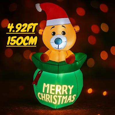 Надувная рождественская игрушка медведь с подарочным мешком 4,92 фута Рождественское украшение для двора Светодиодная подсветка Праздничный подарок Рождественские товары Домашний декор Украшение