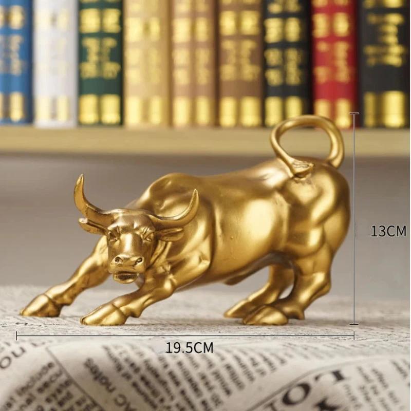Wall Street Bull Figurine Stock Market Mascot Golden OX Statue Resin Art Crafts Animal Sculpture for Living Room Home Decoration