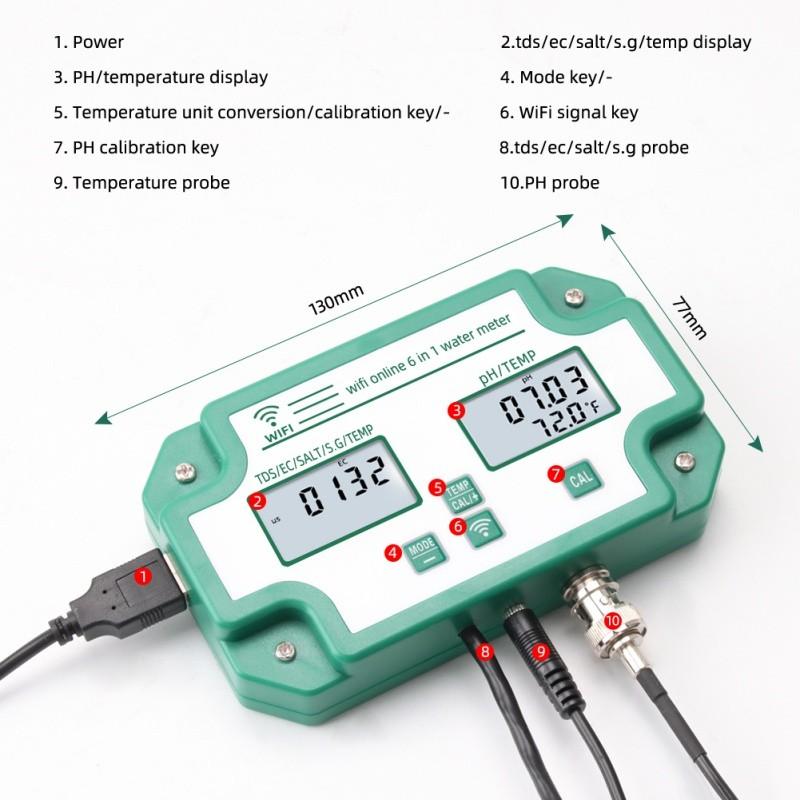 6-in-1 Water Testing Device Multifunction Smart Water Quality Monitor Mariculture Aquarium Digital PH EC TDS SAL S.G.Temp Meter