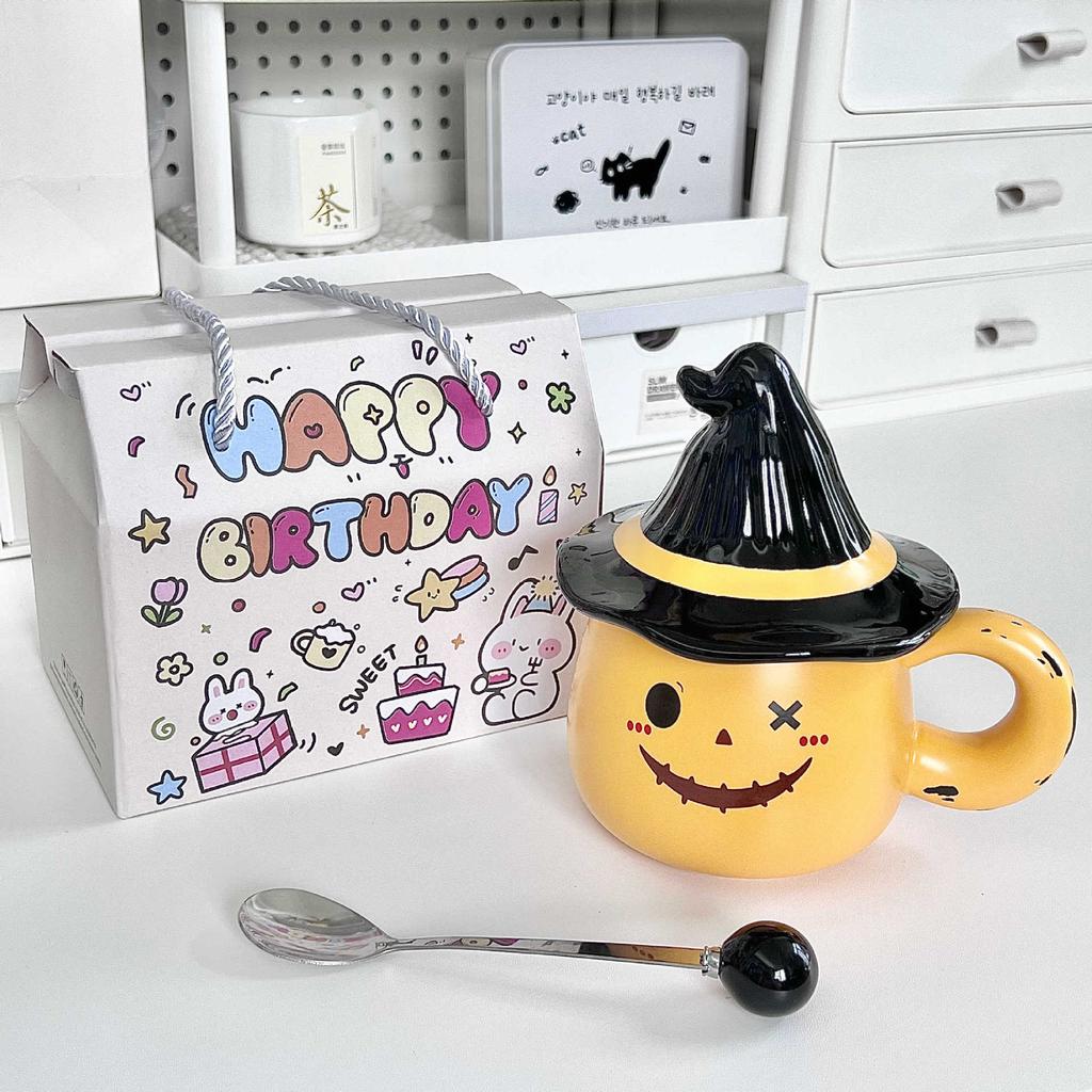 Weird Ghost Ceramic Mug with Lid for Girls' Birthday Gift, Girlfriend's Souvenir, Water Cup Gift Box