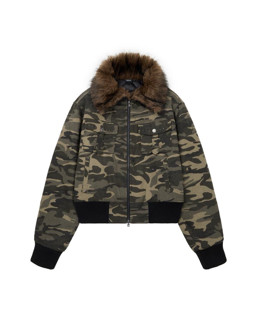 Aakam Studded High Neck Fur Jacket (Camo)