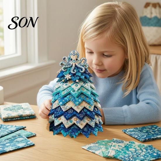 Fabric Christmas Tree Sewing Project DIY Quilted Ocean Kit, Holiday 3D Patchwork Craft Summer Beach Themed Home Decor Coastal Theme Handmade