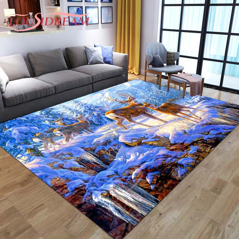 3D мультяшный ковер с оленем, дикая природа, горный пейзаж с лесным ковром для дома, гостиной, ковер с лосем для стирки, детские игровые ковры