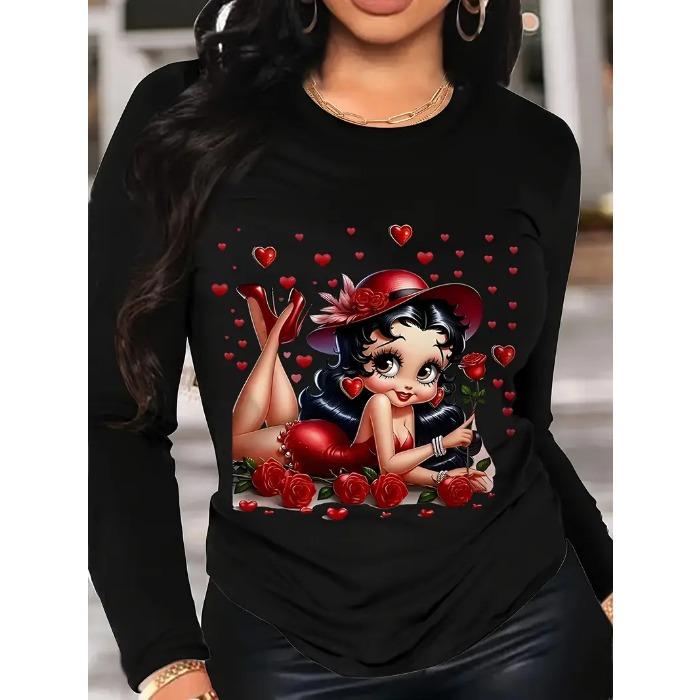 Женские футболки с круглым вырезом и 3D-принтом с узором «Любовь», модные повседневные футболки с длинным рукавом