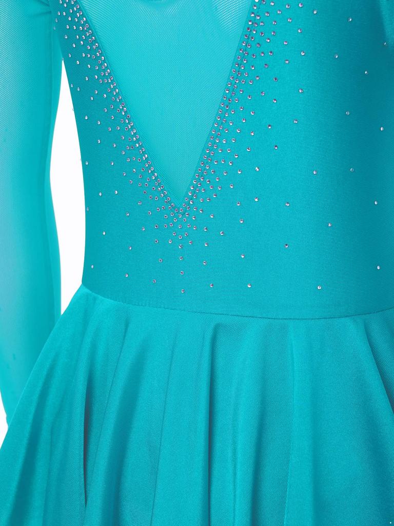 Kids Girls Stylish Dress Long Sleeve Sparkly Rhinestone Patchwork Style Gymnastics Leotard Dress Dancewear