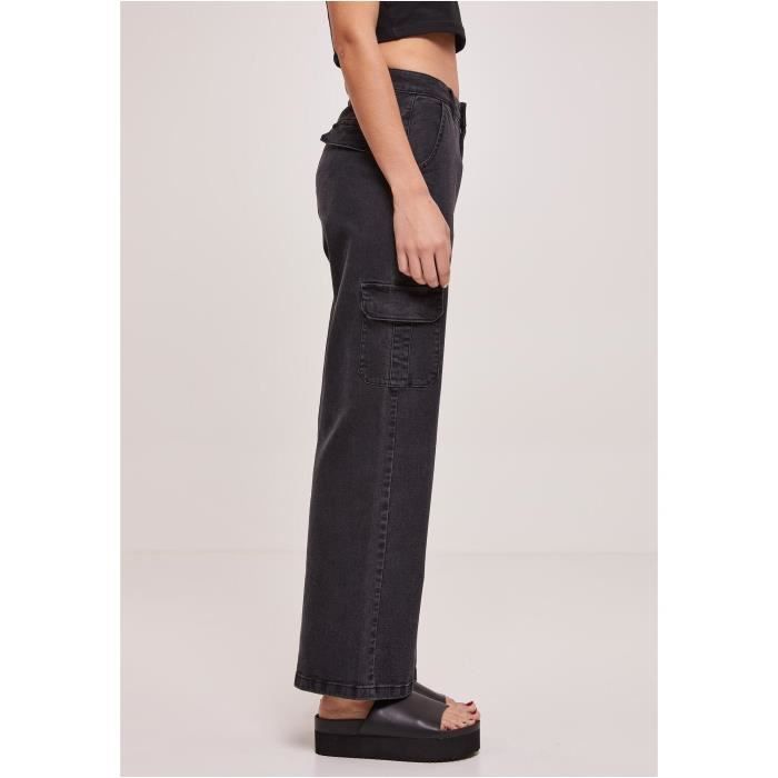 Pantalon cargo - Urban Classics - Femme - Taille haute - Denim extensible - Noir