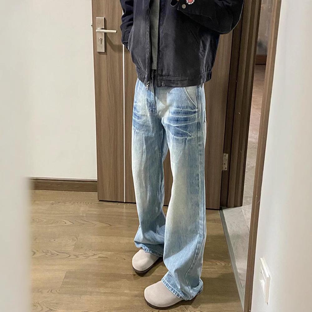 Мужские джинсы прямого кроя выбеленного голубого цвета, весенне-осенний уличный стиль, чинфит, микро-клеш, длинные брюки