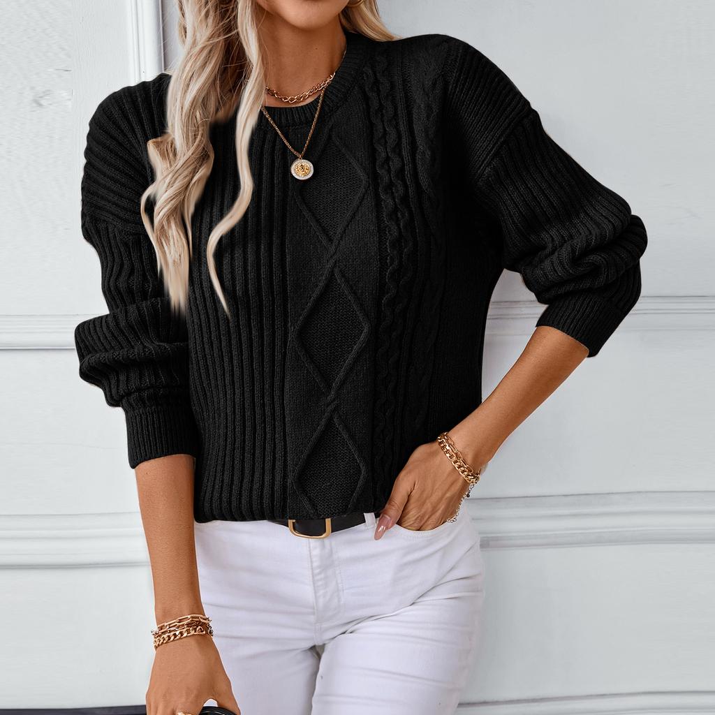Women's Fashion Casual Round Neck Solid Color Long Sleeve Loose Knit Pullover Sweater