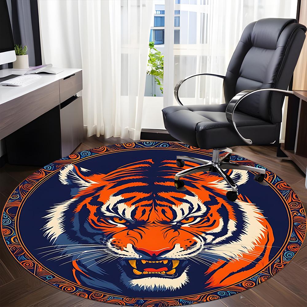 1pc Tiger Face Chair Carpet for Office, Round Polyester Mat, Indoor Decor for Office, Easycare Fabric, Washable Non-slip Area Carpet