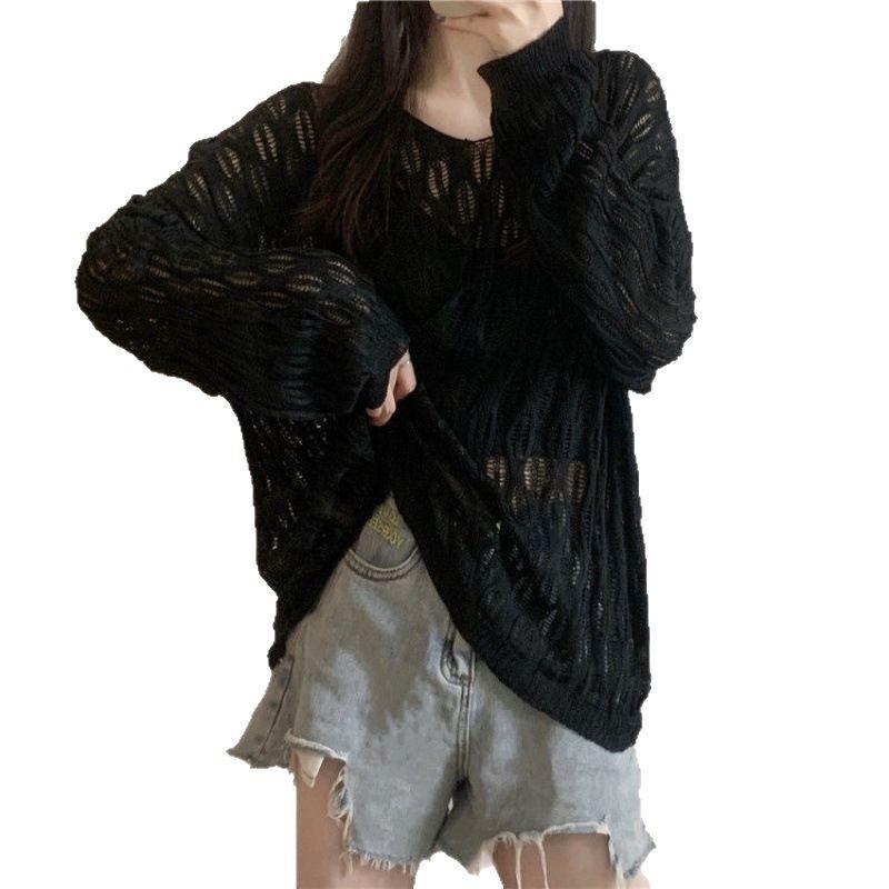 Summer Sexy Perspective Hollow Knitted Sweater Women's Thin Pure Desire Versatile Outer Wear V-neck Long-sleeved Top Blouse Loose