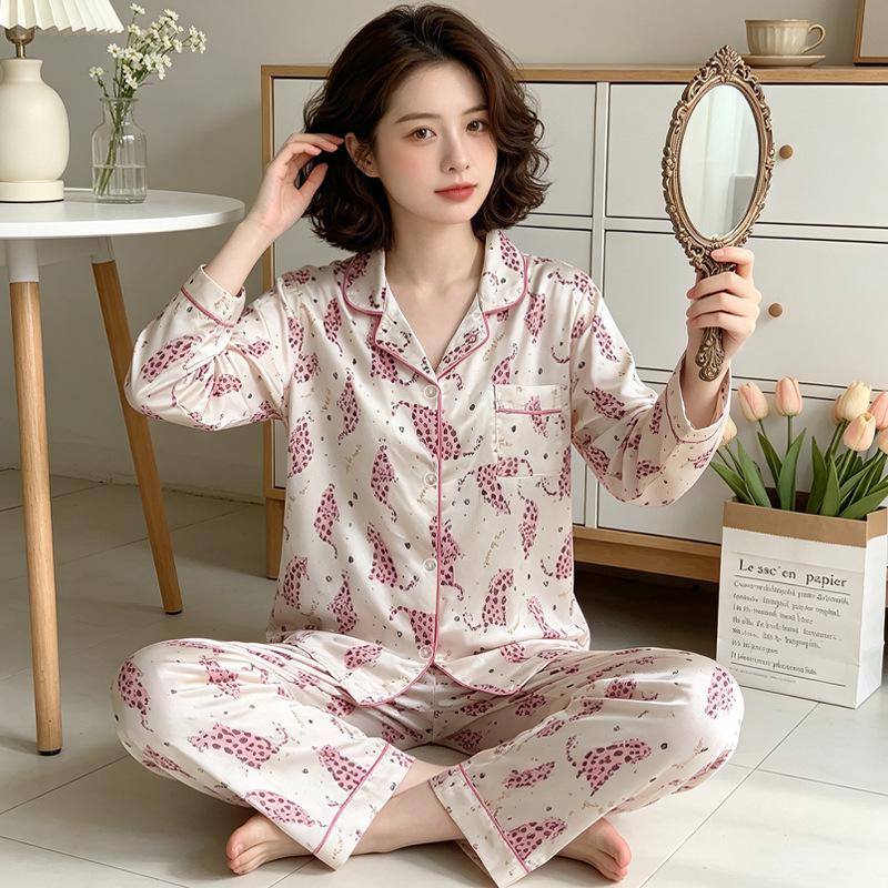 High-end new sweet bow polka dot ice silk cool pajamas women's loungewear long-sleeved trousers two-piece set