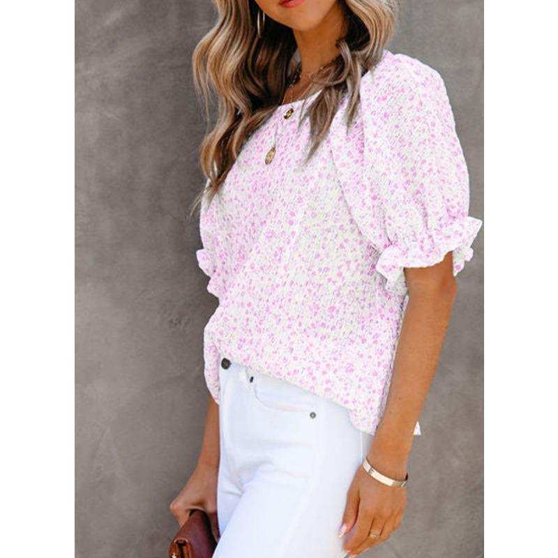 YYFS Женские модные повседневные летние весенние блузки и рубашки с цветочным узором и коротким рукавом с круглым вырезом