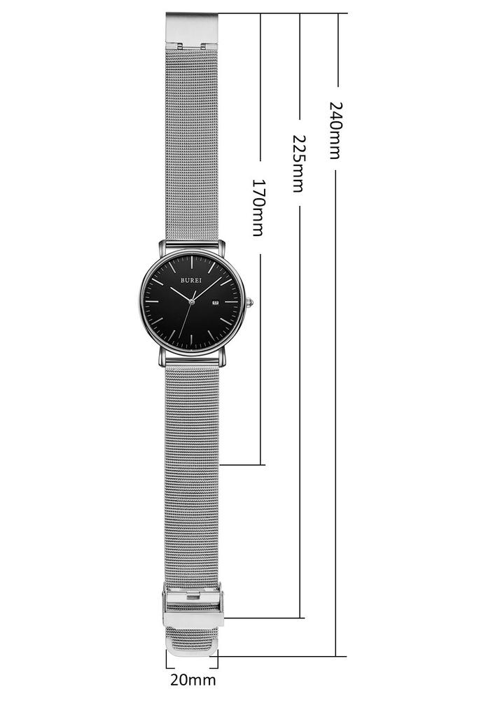 BUREI Men's Analog Quartz Waterproof Date Watch Silver Milanese Mesh Business Stylish Simple Black