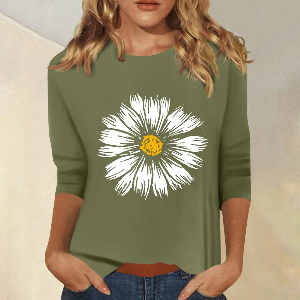 Женская мода повседневный принтованный топ с семью рукавами и круглым вырезом