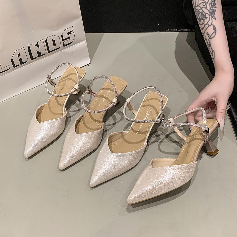 Gradual Change of Color Pointed Thin Heel Sandals 2025 Spring and Summer New Girls Versatile One-word Buckle Hollow Sandals