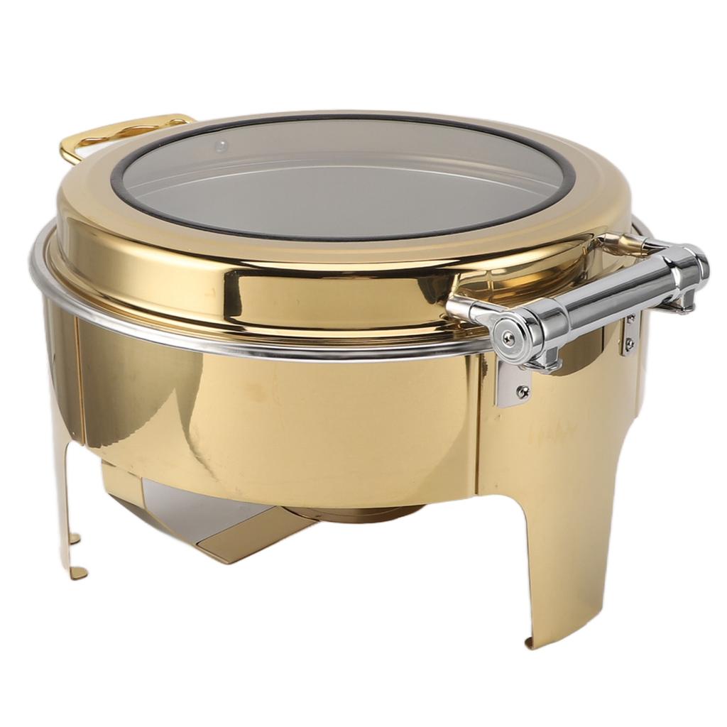 Круглый шведский стол, жаровня, золотистый, визуальный, откидная крышка на 90 градусов, нержавеющая сталь, 6 л, подогрев для алкоголя, шведский стол