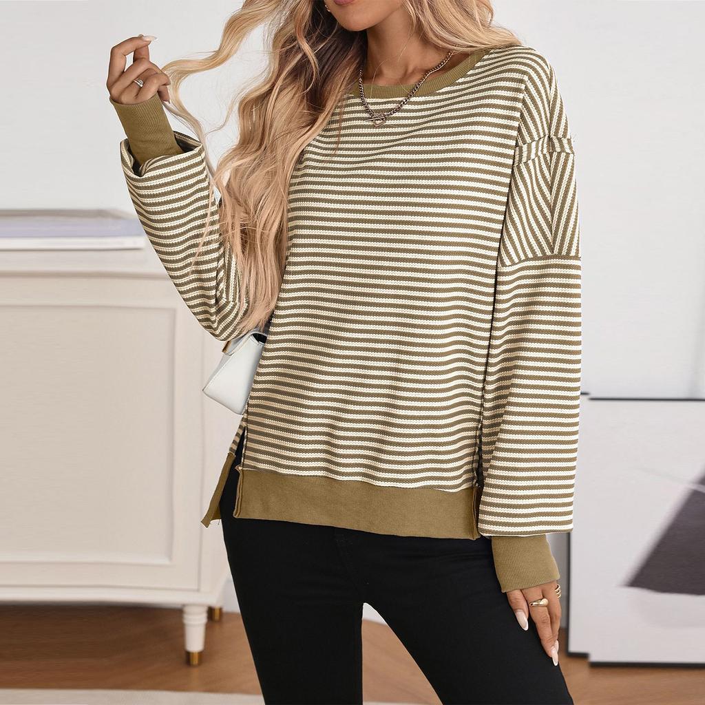 Женский лонгслив с круглым вырезом, в полоску, универсальный, повседневный, свободный