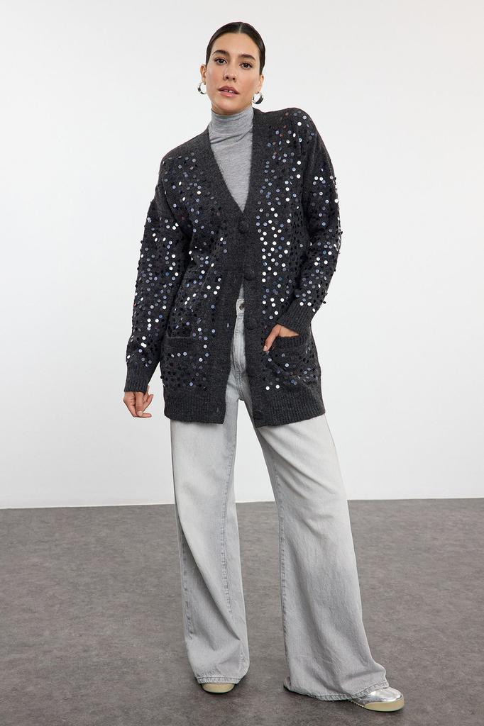 Women's Elegance Style Cardigan Stone Wool Sequin Embroidered Knitwear Cardigan