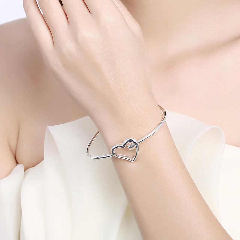Silver Charm Double Heart Bangle Women Luxury Wedding Silver 925 Jewelry Bangles